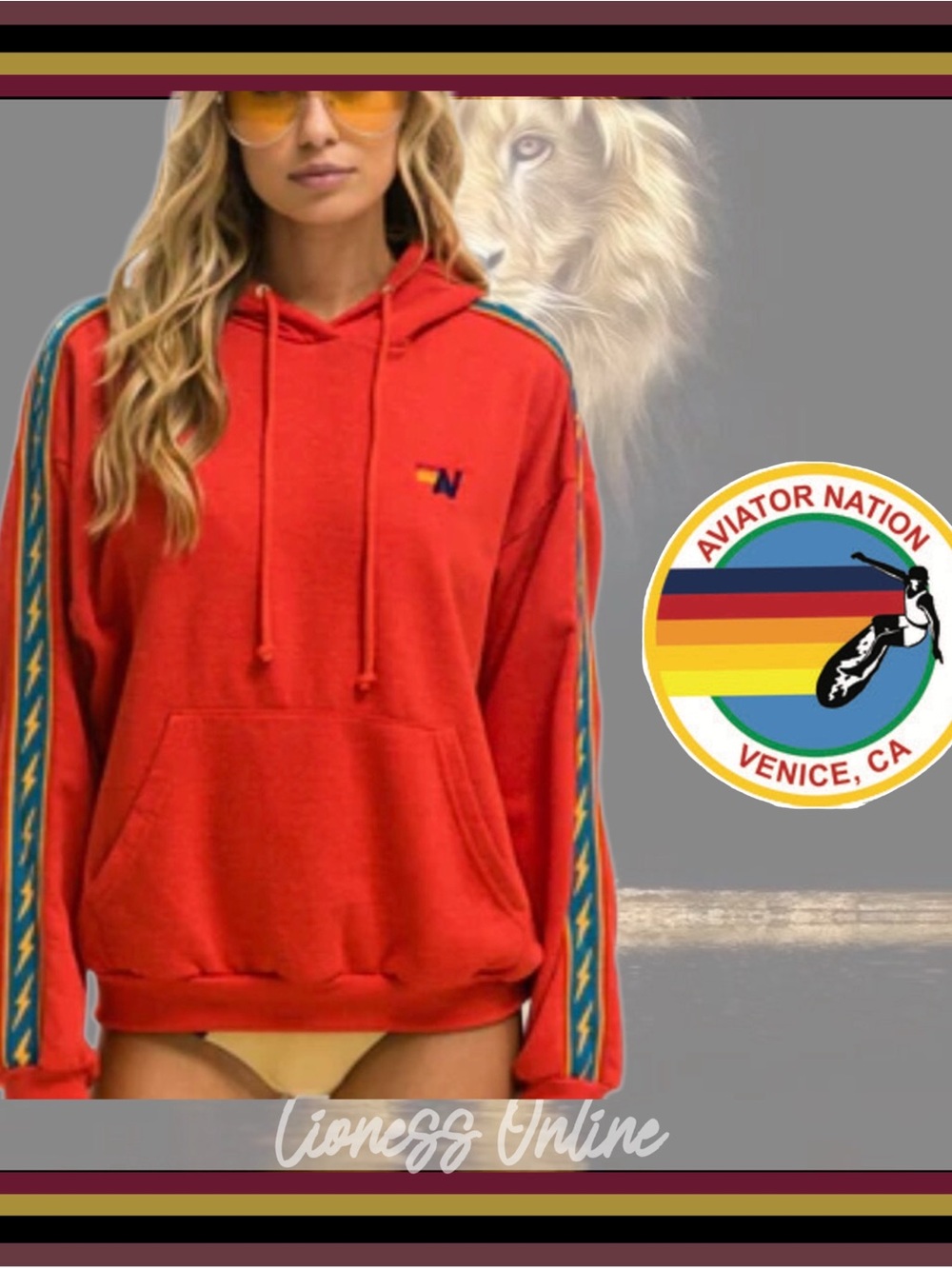 *RARE* Aviator Nation Red Hoodie  with blue knit stripe and yellow⚡️bolt Sz XL